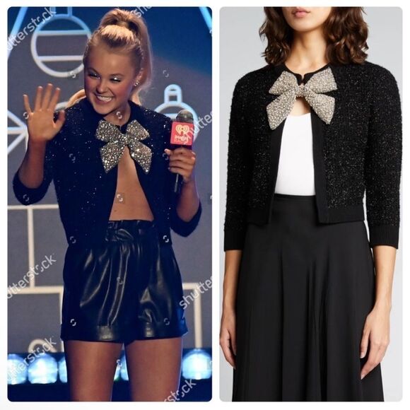 NEW Alice + Olivia Akira Crystal Bow Cardigan Black Small - Picture 1 of 13